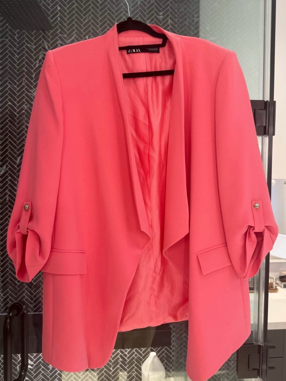 Zara Bright Coral Open-Front Draped Blazer